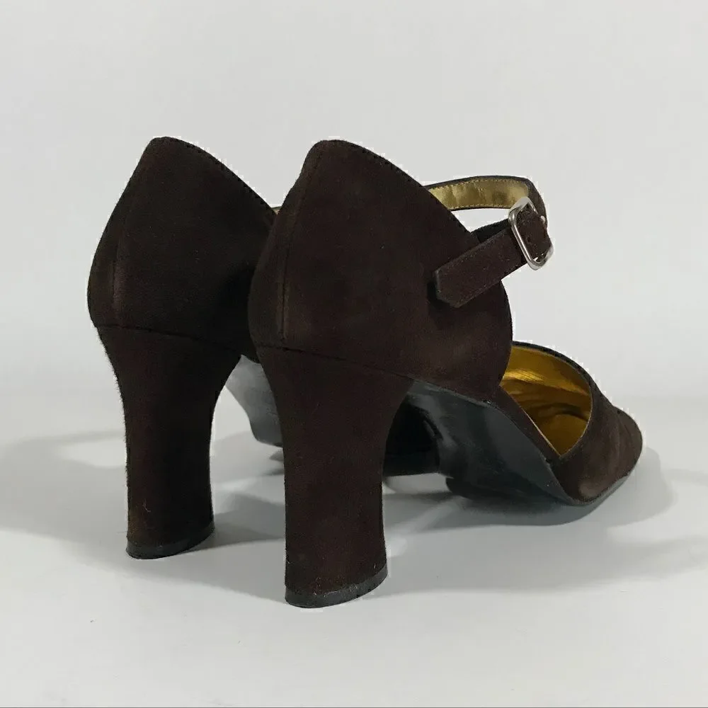 Vintage Kasper Brown Suede Oval Heel wAnkle Strap